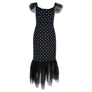 Staud Tulle Trim Polka Dot Midi Dress in Black Cotton